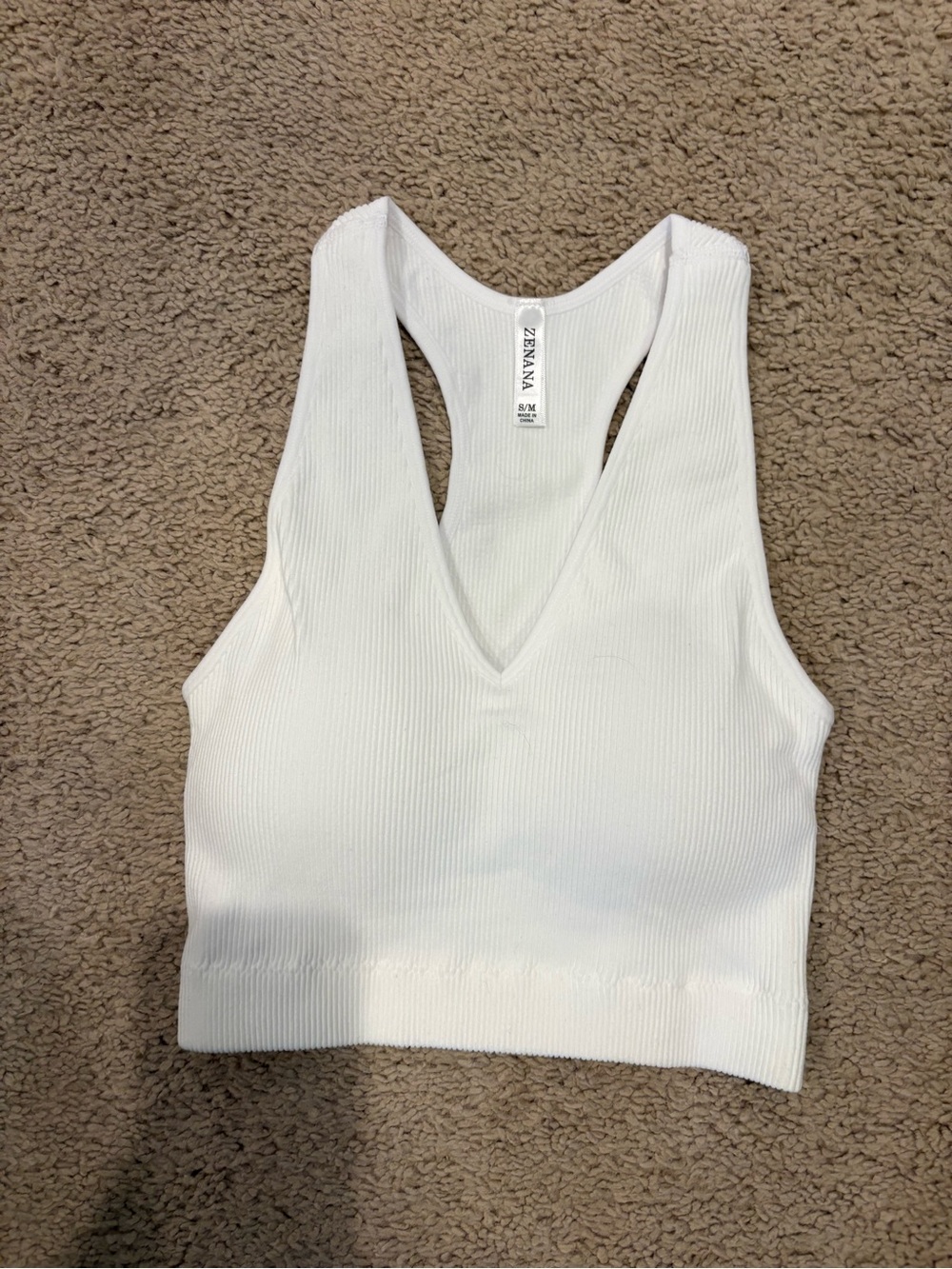 Zenana Outfitters White Ribbed V-Neck Racerback Crop Tank S/M